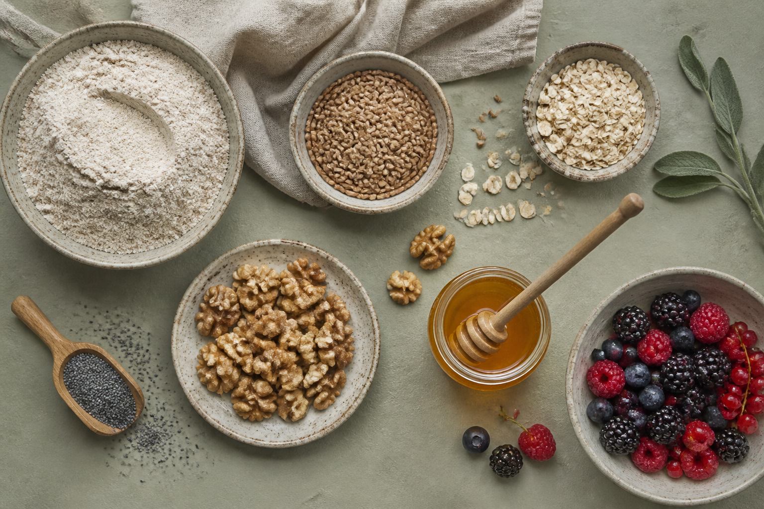 Zutaten: Mehl, Körner, Nüsse, Honig und Beeren auf Leinen