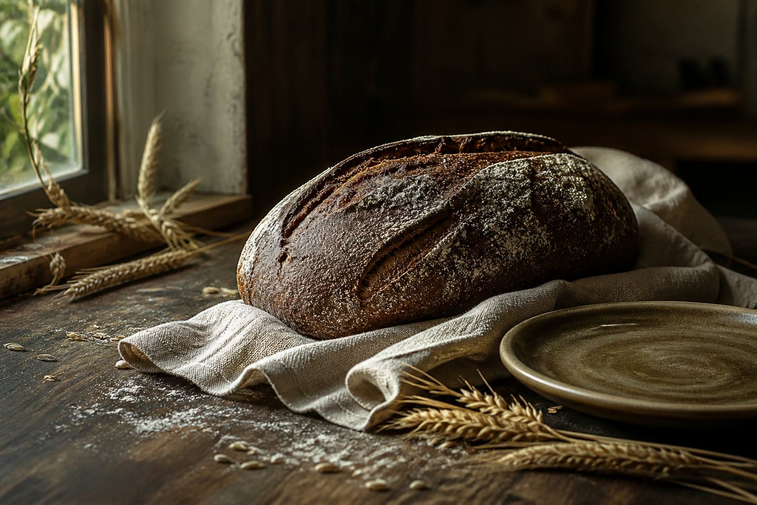 Frisch gebackenes Roggenbrot auf Holztisch mit Leinen und Getreideähren