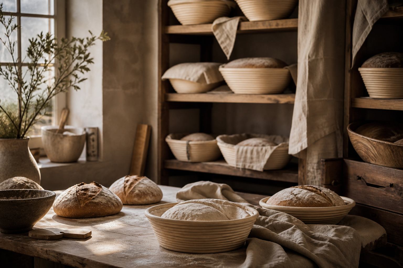 Morgenlicht in der Backstube mit Holzregalen und Leinen