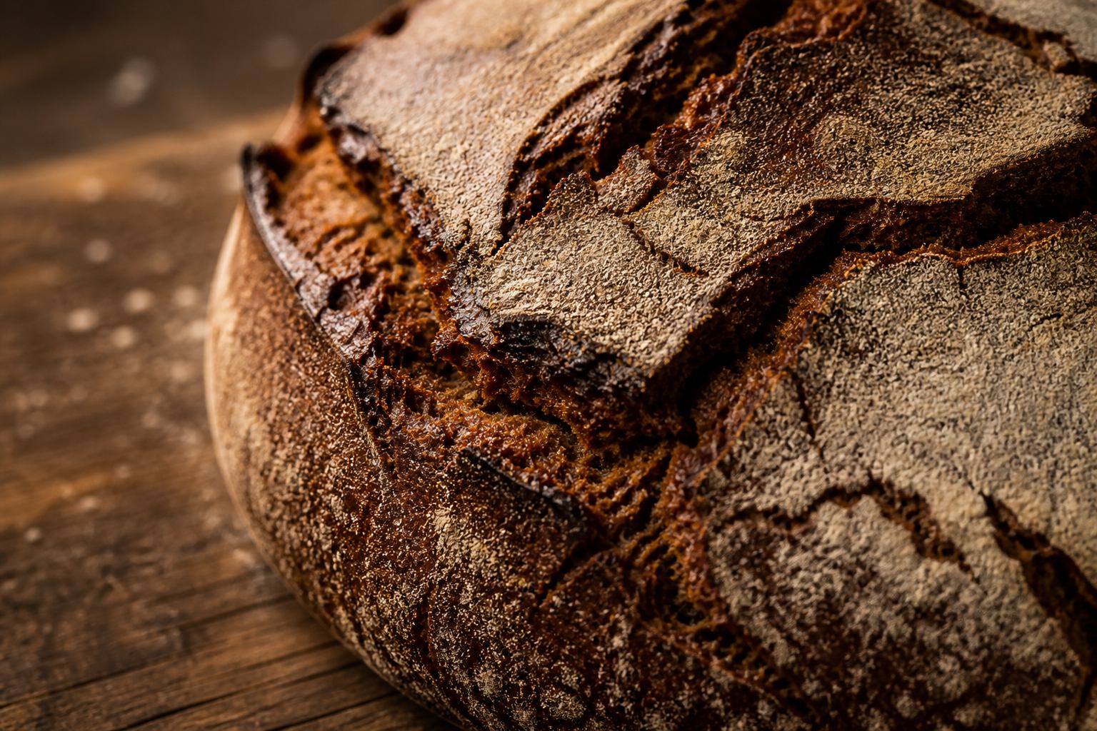 Nahaufnahme einer dunklen Roggenkruste mit Rissen und Mehlstaub
