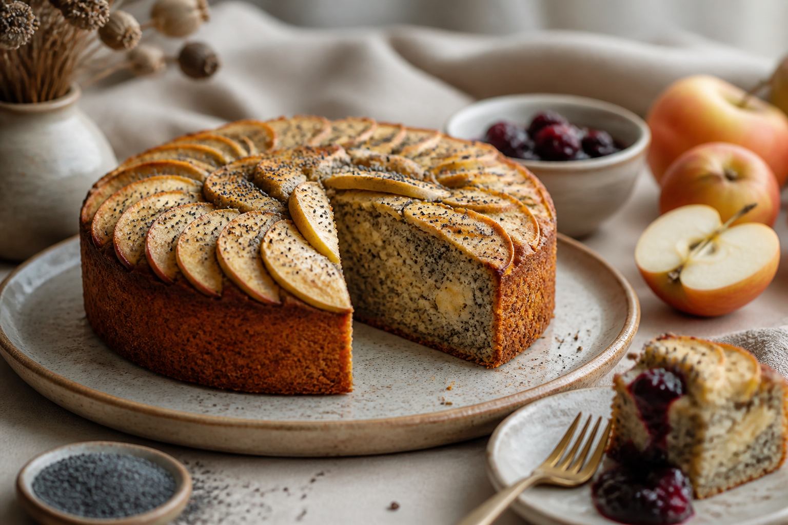 Apfel-Mohn-Kuchen auf Keramik mit Apfelscheiben und Mohn