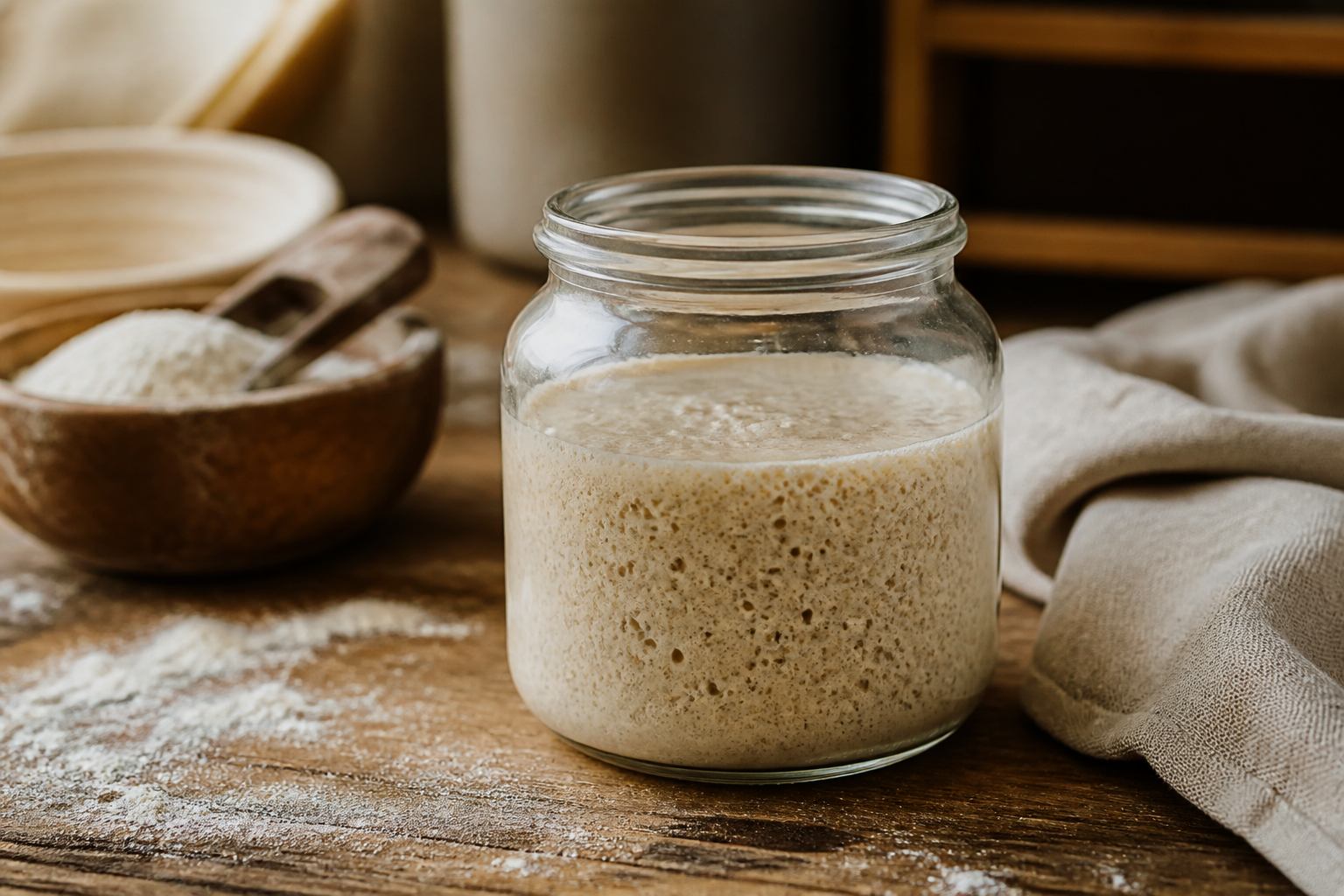 Glas mit blubberndem Sauerteigstarter auf Holzbank