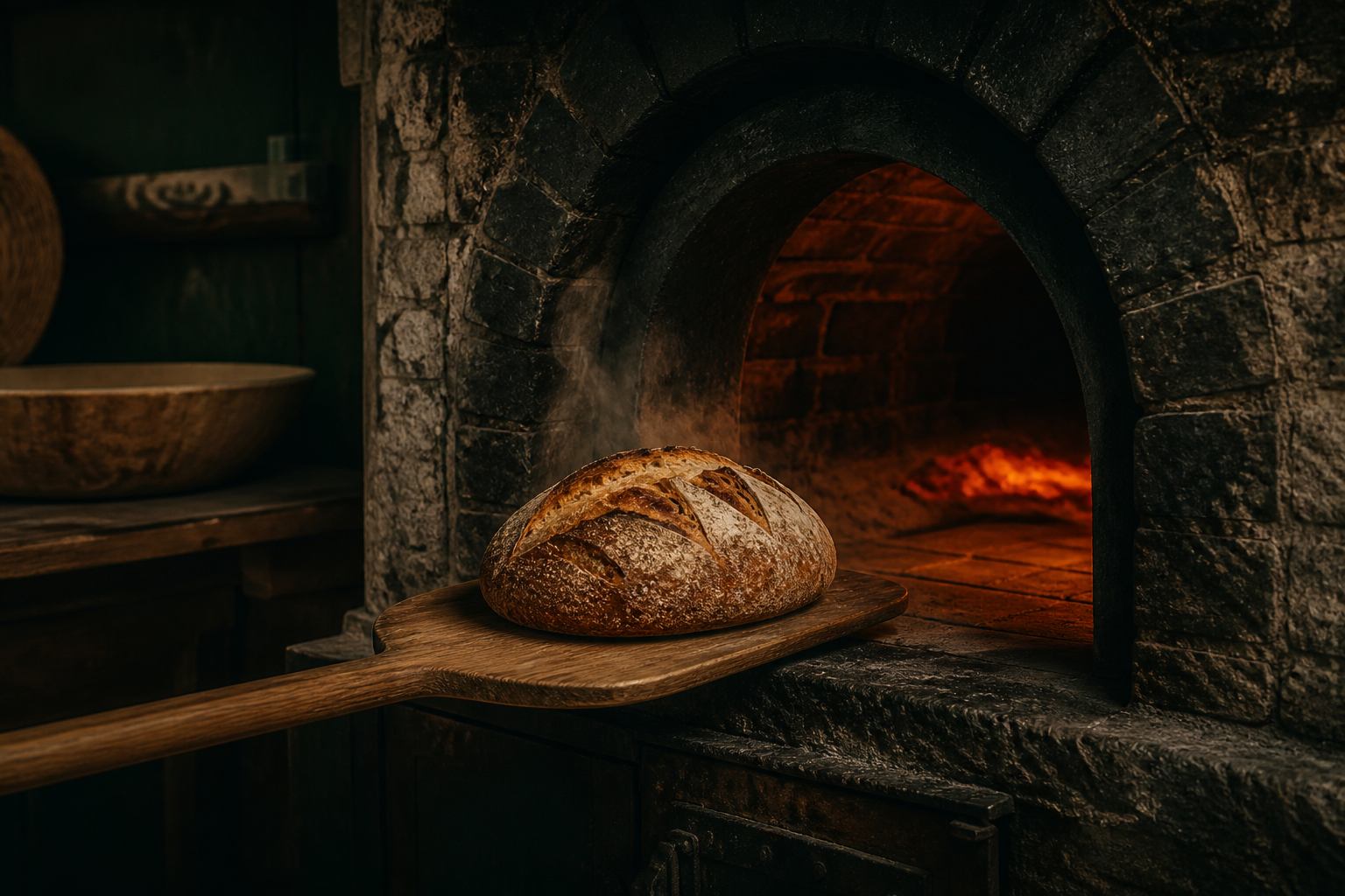Dunkler Steinofen mit warmem Glutlicht und Brotschieber